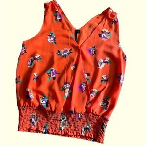 Bellatrix Blouse Top  Large Summer Floral Smock Waist Sleeveless V Neck Orange